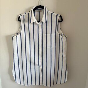 M&S Button Down Shirt Women Blue White Striped Sleeveless Casual Top